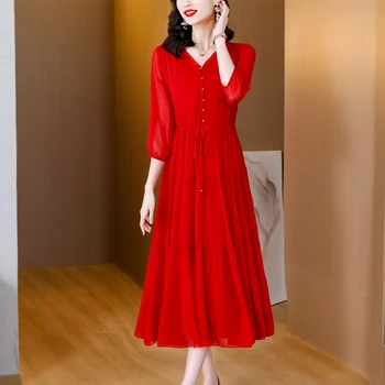 Женская мода 2023 весна/лето, новый шифоновый стиль, модная тонкая свободная повседневная женская юбка с красной драпировкой и атмосферным рукавом.