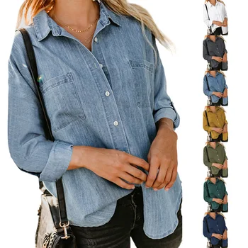 Женская повседневная джинсовая рубашка, пальто, Весна-осень, свободная куртка с двойным карманом, с длинным рукавом, на пуговицах, Топы-рубашки
