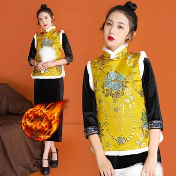 женские винтажные топы hanfu 2024, традиционный улучшенный жилет с воротником-стойкой, национальный жаккардовый жилет с подкладкой, восточная куртка без рукавов