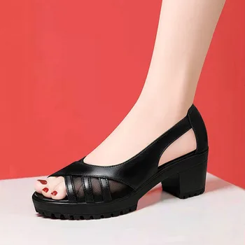 Женские модные туфли-лодочки на платформе с блочным каблуком на высоком каблуке, Сексуальные босоножки с открытым носком с полыми сетчатыми кожаными вставками, Женские черные кожаные туфли