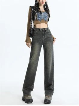 Женские узкие джинсы простого дизайна в стиле ретро, мешковатые винтажные повседневные широкие брюки в американском стиле, женские прямые джинсовые брюки