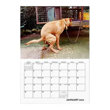 Забавный настенный календарь для собак на 2024 год, Милые какающие щенки, ежемесячный художественный настенный календарь, Забавный календарь для свисающей собаки для домашней школы на 12 месяцев
