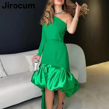 Зеленое вечернее платье Jirocum на одно плечо, женское классическое атласное платье для выпускного вечера с длинным рукавом длиной до колен, платья для официальных мероприятий