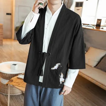 Кардиган с вышитым журавликом большого размера; Весенняя куртка с коротким рукавом; рубашка из японского традиционного хлопка и льна; Мужская Юката Хаори