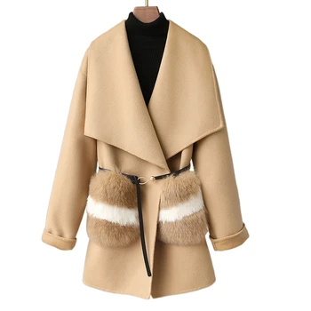 Кашемировое пальто с лисьим мехом, женское двустороннее шерстяное пальто средней длины 2023, осень и зима, новое высококачественное двустороннее шерстяное пальто