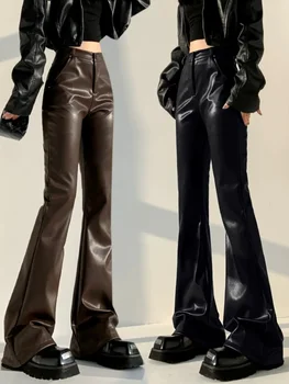 Кожаные брюки, женские брюки-ботфорты, Новинка 2023 года, осень-зима, высокая талия, для похудения, искусственная кожа, коричневые брюки для отдыха, темперамент