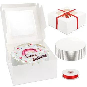 Коробки для тортов с лентой на заказ 10 комплектов 10x10x5 дюймов, наборы коробок для тортов с красными лентами