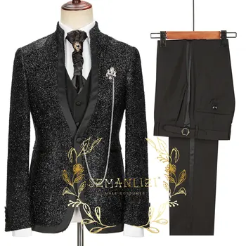 Красивый мужской костюм с блестящей черной оправой для сцены, мужские свадебные костюмы с воротником-стойкой, официальный костюм жениха-смокинг (куртка + брюки + жилет)