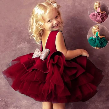 Красные рождественские платья для детей, девочек, Новогодняя одежда принцессы с бантом на спине, Пачка, Детский Рождественский Праздничный костюм для вечеринки по случаю Дня рождения