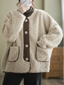 Куртки для женщин 2023 Осень-зима, однобортное пальто из овечьей шерсти с V-образным вырезом в стиле ретро, топы из овечьей шерсти в стиле ретро, женская одежда