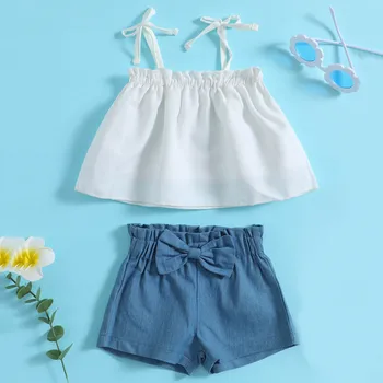 Летние однотонные шорты с завязками без рукавов для маленьких девочек, комплект одежды из 2 предметов для девочек, комплекты одежды для маленьких девочек
