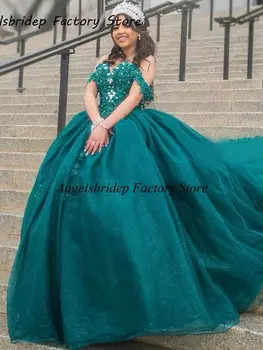 Магазин Angelsbridep 2 Бальное платье Hunter Green С блестящими бисерными аппликациями, пышные платья с открытыми плечами, платье для выпускного вечера Sweet 15