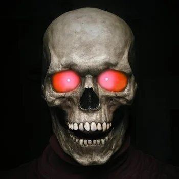 Маски-черепа на Хэллоуин, светодиодные глаза, Светящийся рот, Подвижная маска-череп ужаса, Череп, полное покрытие головы костями, реквизит для дома с Привидениями