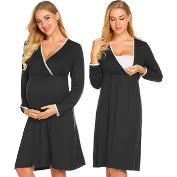 Модальная пижама для беременных, ночная рубашка, однотонное платье для беременных с длинным рукавом, Vestidos, пижама для беременных, одежда для отдыха Модальная пижама для беременных, ночная рубашка, однотонное платье для беременных с длинным рукавом, Vestidos, пижама для беременных, одежда для отдыха 0