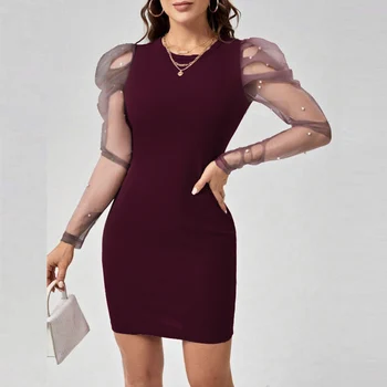 Модное женское сетчатое платье с пышными рукавами, расшитое бисером, Элегантные облегающие мини-платья, женские однотонные вечерние платья с круглым вырезом