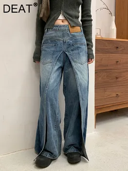 Модные Женские джинсы с высокой талией Спереди и сзади, Деконструирующие Две Поддельные Свободные Джинсовые брюки Зима 2024, Новинка 7AB2797