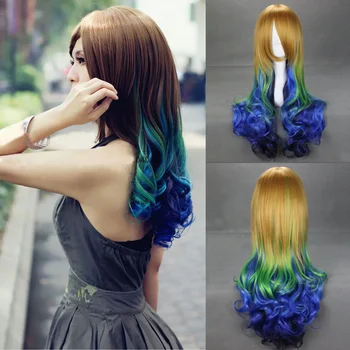 Модные женские длинные разноцветные зеленые и синие кудрявые парики для косплея Модные женские длинные разноцветные зеленые и синие кудрявые парики для косплея 0