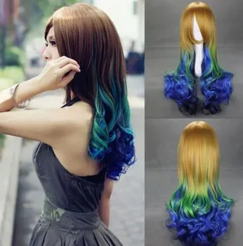 Модные женские длинные разноцветные зеленые и синие кудрявые парики для косплея Модные женские длинные разноцветные зеленые и синие кудрявые парики для косплея 1