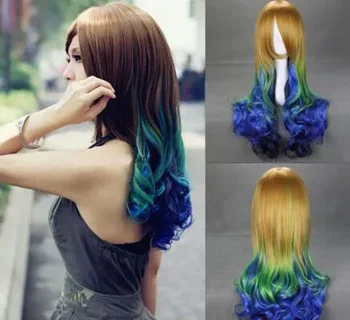Модные женские длинные разноцветные зеленые и синие кудрявые парики для косплея Модные женские длинные разноцветные зеленые и синие кудрявые парики для косплея 2