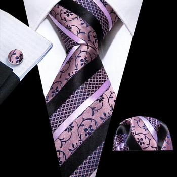 Модные мужские галстуки в фиолетовую шелковую полоску, Изысканные Тканые запонки с цветочным узором, Карманные квадратные комплекты для вечеринки, Свадебные Barry.Wang
