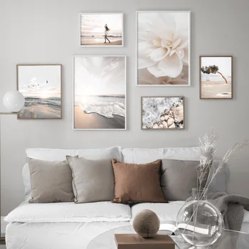 Морской пейзаж, закат, Пляж, Цветочное дерево, плакат в скандинавском стиле и принты, настенная живопись, домашний декор в гостиной, Бескаркасная