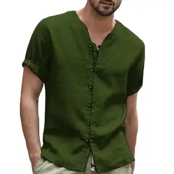 Мужские топы в стиле ретро, однобортная свободная рубашка с коротким рукавом и V-образным вырезом, топы, спецодежда