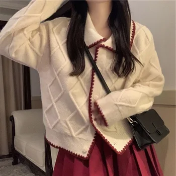 Мягкий восковой свитер, пальто женское 2023, осенне-зимний корейский свободный вязаный кардиган контрастного цвета с лацканами и длинными рукавами, топ женский