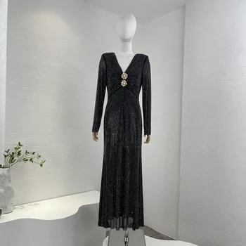 Новая коллекция 2023, черные бриллианты высшего качества, роскошное женское платье Миди с V-образным вырезом и русалочьей талией