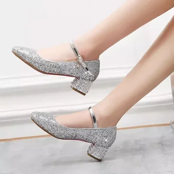 Новые дизайнерские детские кожаные туфли для девочек на высоком каблуке с украшением в виде кристаллов, школьное платье принцессы, детская танцевальная обувь для малышей 3C