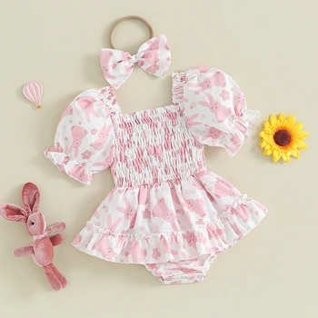 Пасхальный наряд для маленьких девочек, Летняя одежда для младенцев, Платье-комбинезон трапециевидной формы с короткими рукавами и принтом кролика, повязка на голову с бантом