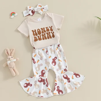 Пасхальный наряд для новорожденной девочки, комбинезон Honey Bunny, расклешенные штаны с Банни, повязка на голову, летний наряд 0-18 м