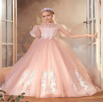 Платье с цветочным узором для девочки, Розовое Пышное Свадебное платье из тюля с белым кружевом, элегантное платье для вечеринки в честь дня рождения Первой принцессы Евхаристии для ребенка в цветочек