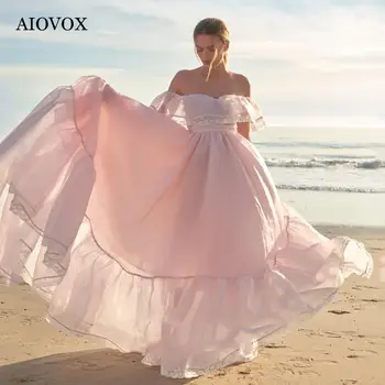 Платья для выпускного вечера AIOVOX Простые кружевные шифоновые светло-розовые вечерние платья принцессы Трапециевидной формы длиной до пола с открытыми плечами Вечернее платье