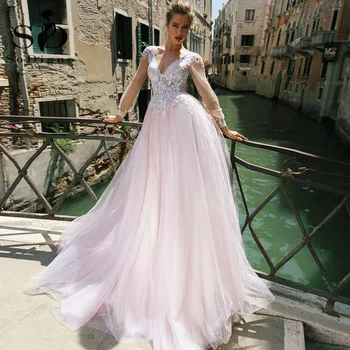 Пляжное свадебное платье SoDigne Pink, сексуальное свадебное платье трапециевидной формы с длинным рукавом и открытой спиной, кружевные свадебные платья с V-образным вырезом и аппликацией