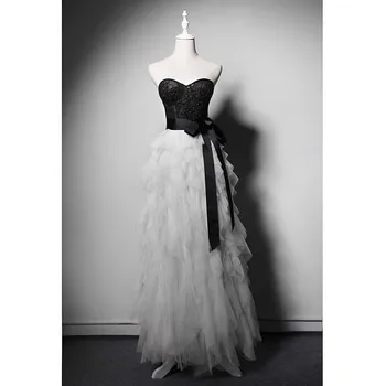 Потрясающее бело-черное платье для выпускного вечера без бретелек, на шнуровке сзади, вечерние платья длиной до пола