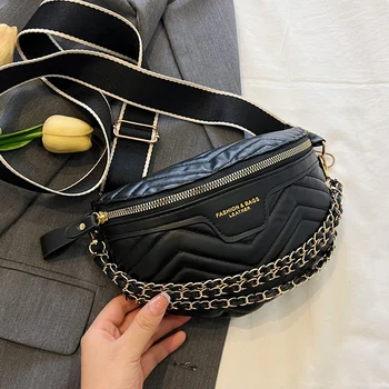Поясная сумка на цепочке для женщин, модная поясная сумка, поясная сумка из искусственной кожи, черная женская нагрудная сумка через плечо, кошелек для телефона, набедренная сумка 