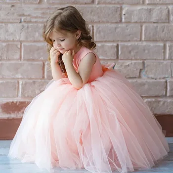 Прекрасное тюлевое платье с открытой спиной и без рукавов для девочек в цветочек для свадьбы, розовое с бантом, платья для дня рождения принцессы для детей, платья для первого причастия