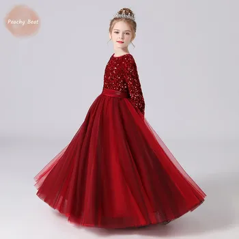 Принцесса для маленьких девочек, Рождественские платья с блестками, с длинным рукавом, для малышей, сетчатое винтажное платье для зимней вечеринки от 2 до 14 лет