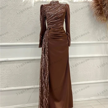 Простые вечерние платья, атласное платье для выпускного вечера, аппликации из блесток, халаты в пол для официальной вечеринки с длинными рукавами 2024 Vestidos De Gala