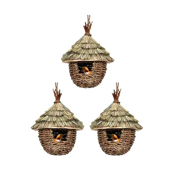 Птичий домик, 3шт ручной работы, подвесной домик для колибри для гнездования, Птичье гнездо из натуральной травы для сада, патио