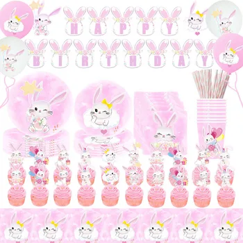 Розовая Пасхальная одноразовая посуда, тарелка для салфеток с мультяшным кроликом, Кролик, декор ко Дню Счастливой Пасхи, подарок для вечеринки по случаю Дня рождения девочки, 2024