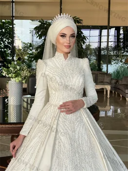 Роскошные Атласные аппликации, Вышитые бисером Мусульманские свадебные платья С длинным рукавом и высоким вырезом, Исламское свадебное платье, Арабский Дубайский Халат для невесты
