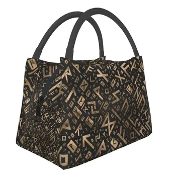 Руны Старейшин, Золотой Футарк, Термоизолированные сумки для ланча, женская сумка для ланча с рунами Викингов для пикника на открытом воздухе, коробка для еды