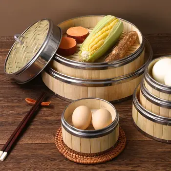 Ручка из нержавеющей стали, китайский плетеный бамбук, Бамбуковая крышка, Димсам, Бамбуковая пароварка, корзина для приготовления пищи, пароварка