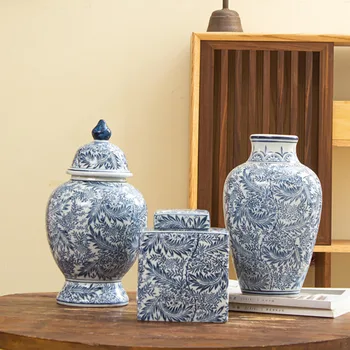 Ручная роспись синими и белыми фарфоровыми листьями, украшение вазы, Китайская керамическая ваза, Гостиная, Украшения для телевизора для дома