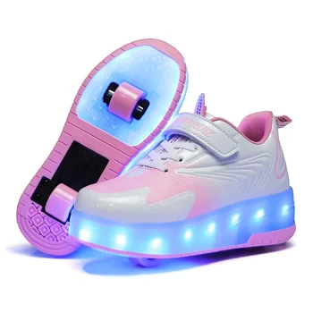 Светодиодная детская обувь на роликах с USB-зарядкой, модные кроссовки на двух колесах для мальчиков, девочек и женщин, спортивные повседневные детские коньки, Размер 29-40