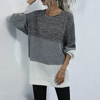Свободный свитер в цветном блоке 2021, осенне-зимний женский вязаный пуловер с круглым вырезом, длинный пуловер, женская одежда