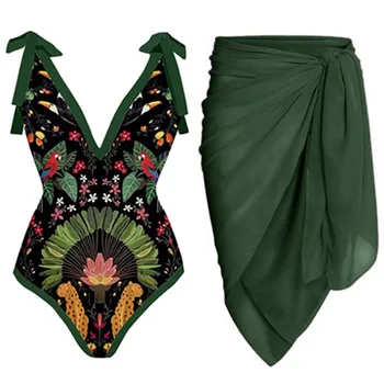 Сексуальный женский цельный купальник, темно-зеленый купальник с V-образным вырезом, блузка, женский винтажный курортный пляжный костюм для серфинга, цельный костюм