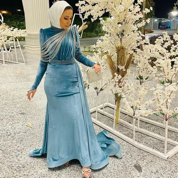 Синие бархатные мусульманские вечерние платья, расшитые бисером, Марокканское платье-кафтан для женщин Саудовской Аравии, вечернее платье, роскошный халат для званых вечеров Синие бархатные мусульманские вечерние платья, расшитые бисером, Марокканское платье-кафтан для женщин Саудовской Аравии, вечернее платье, роскошный халат для званых вечеров 0
