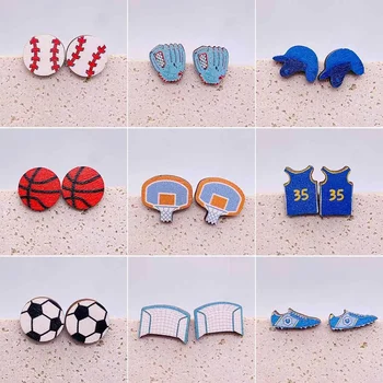 Спортивные деревянные серьги в форме сердца, бейсбольный софтбол, футбольные спортивные серьги-гвоздики для женщин, серьги для игры в мяч, ювелирные изделия